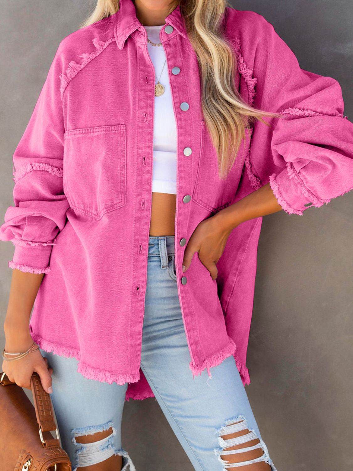 Button Down Raw Hem Denim Jacket - Delanoir