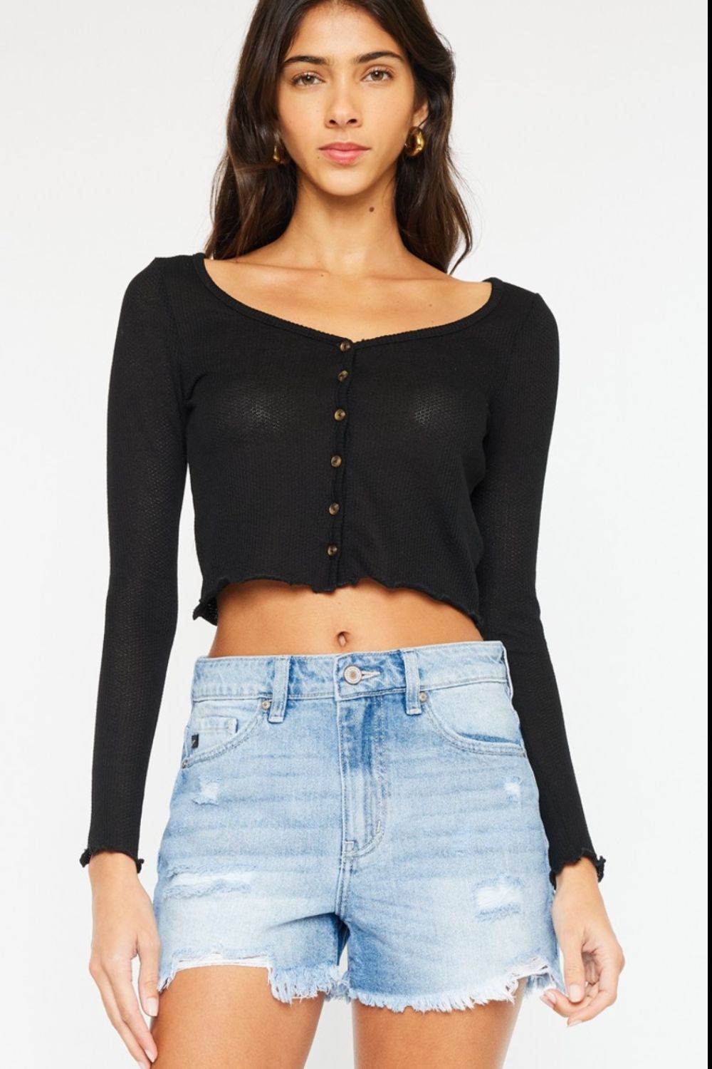 Kancan High Waist Frayed Denim Shorts - Delanoir