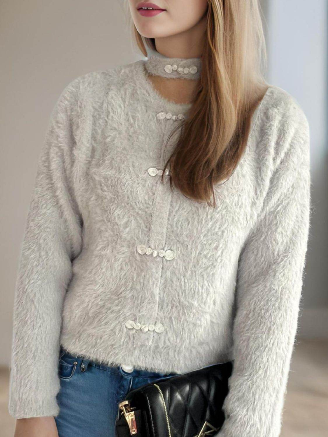Cutout Knot Button Long Sleeve Cardigan - Delanoir