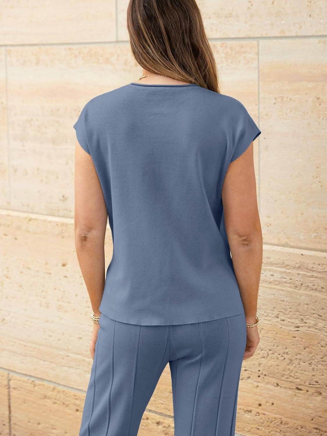 Round Neck Cap Sleeve Top and Pants Knit Set - Delanoir