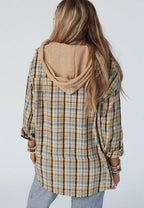 Drawstring Waffle Knit Patchwork Hooded Plaid Shacket - Delanoir