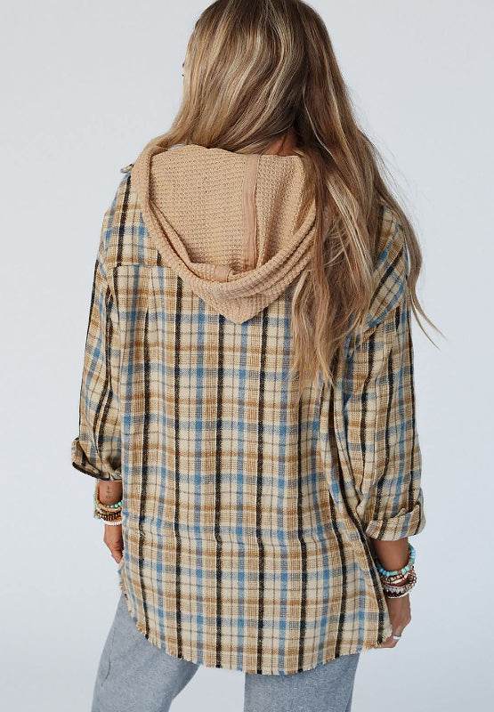 Drawstring Waffle Knit Patchwork Hooded Plaid Shacket - Delanoir