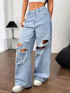 Distressed Wide Leg Jeans with Pockets - Delanoir
