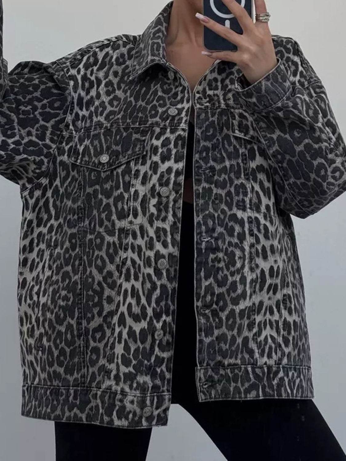 Leopard Button Up Long Sleeve Denim Top - Delanoir