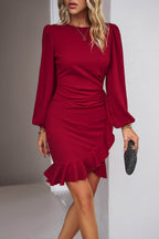 Devine Ruched Ruffled Balloon Sleeve Mini Dress - Delanoir