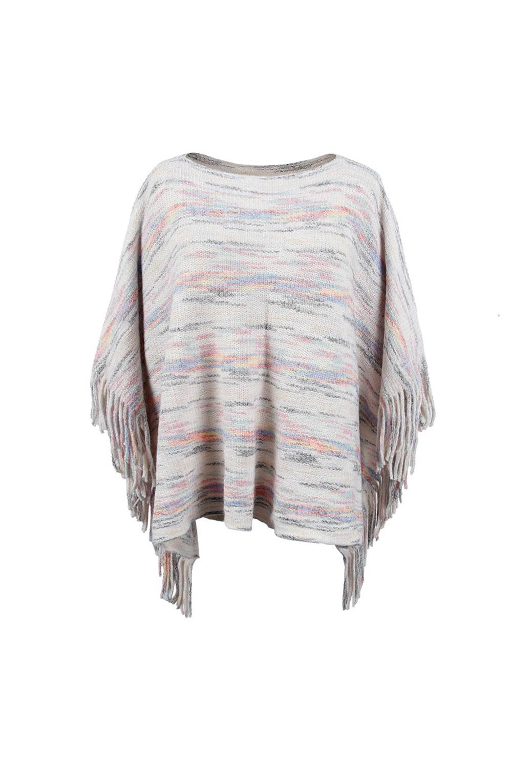 Round Neck Fringe Detail Sleeve Poncho - Delanoir