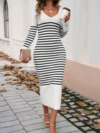 Devine Striped V-Neck Long Sleeve Sweater Dress - Delanoir
