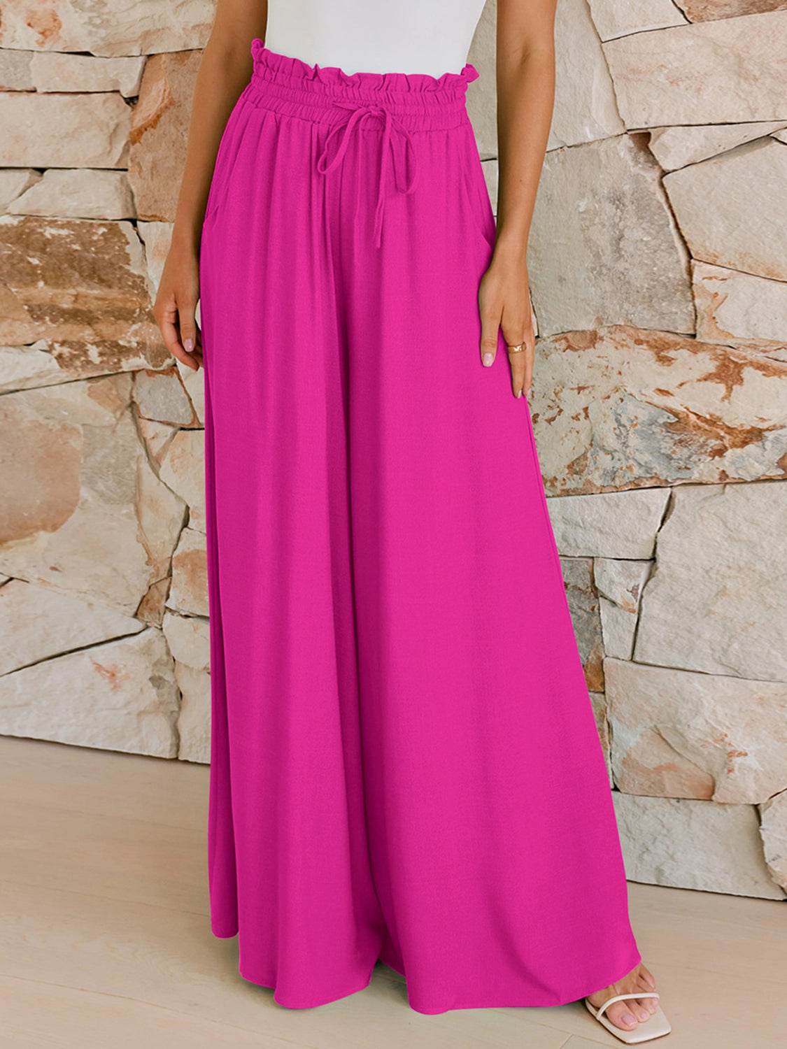 Drawstring Wide Leg Pants with Pockets - Delanoir