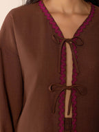 Tied V-Neck Long Sleeve Top and Shorts Set - Delanoir