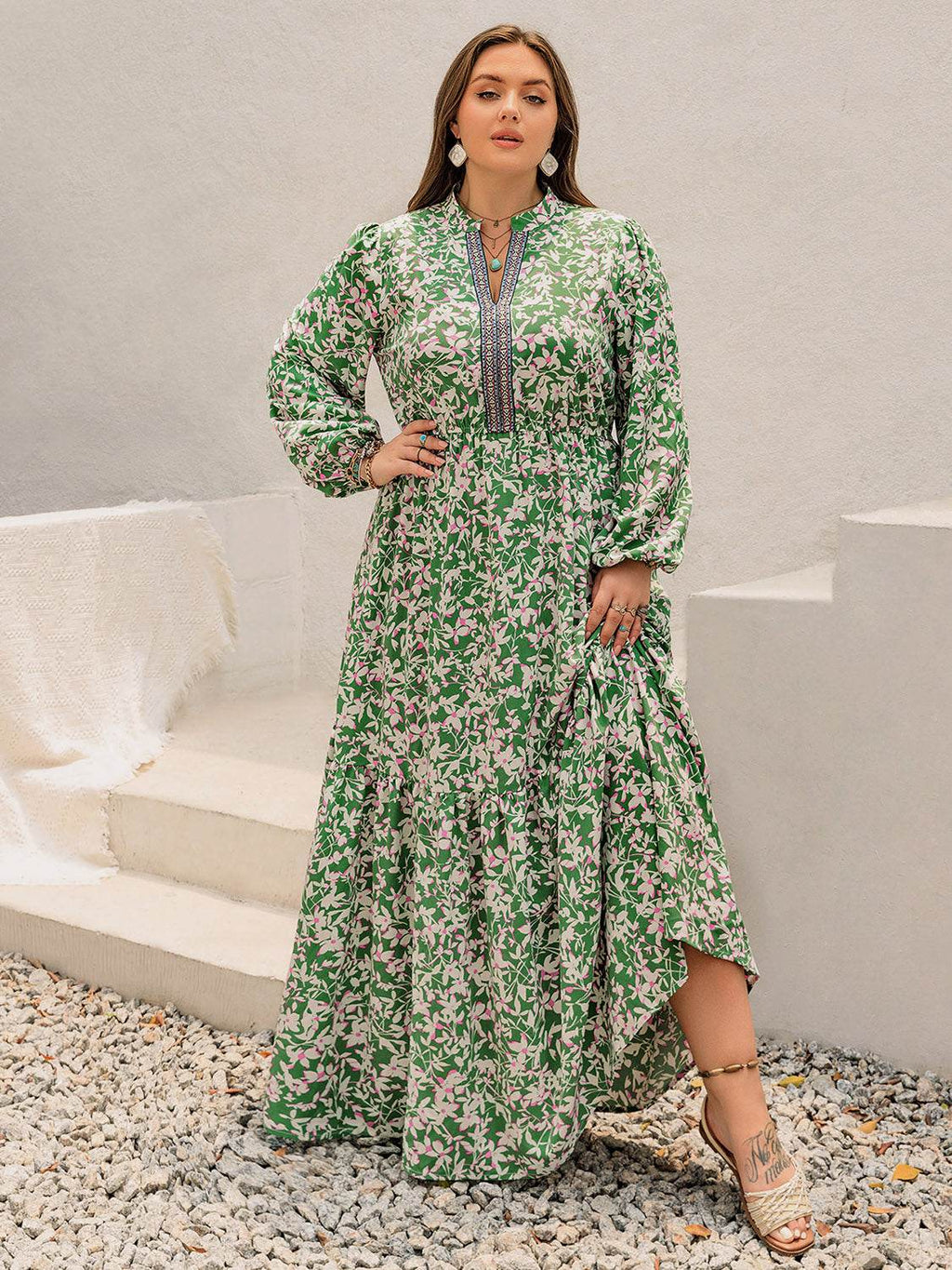 Plus Size Printed Notched Long Sleeve Maxi Dress - Delanoir