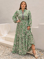Plus Size Printed Notched Long Sleeve Maxi Dress - Delanoir