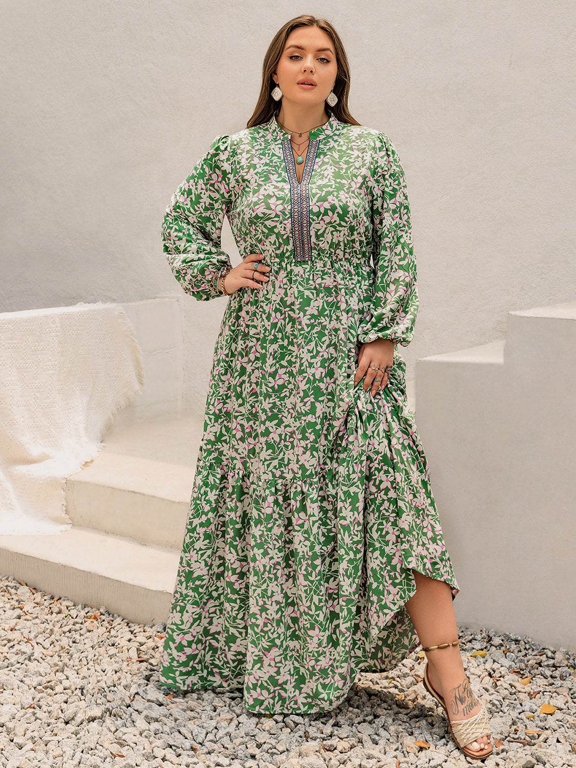 Plus Size Printed Notched Long Sleeve Maxi Dress - Delanoir