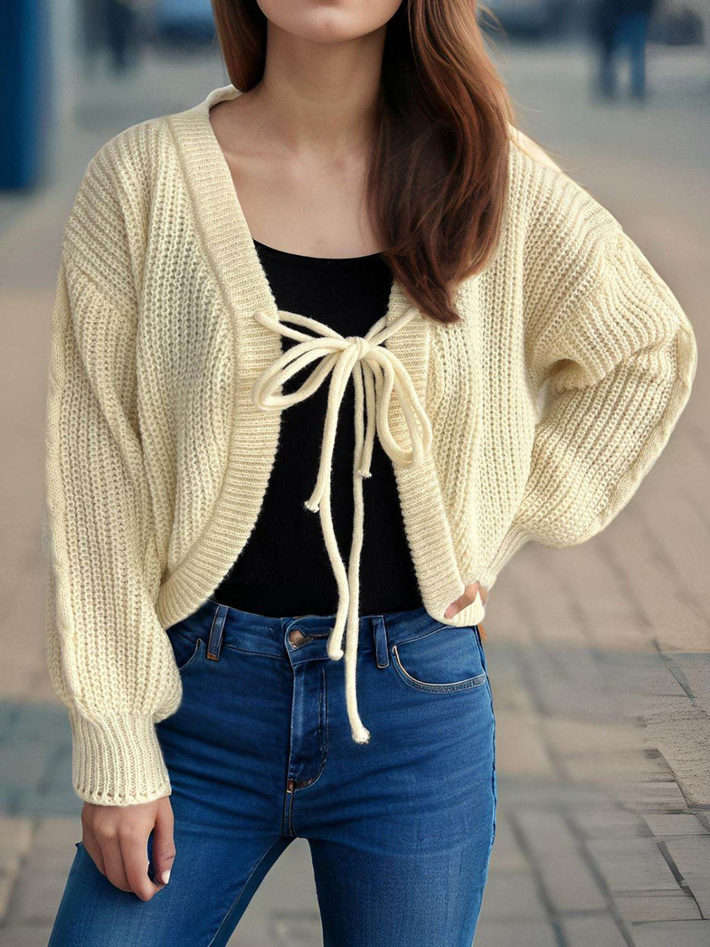 Tied Dropped Shoulder Long Sleeve Cardigan - Delanoir