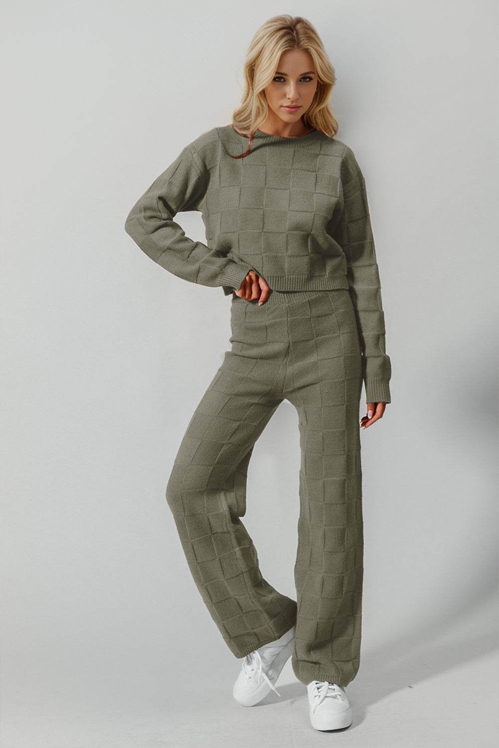 Double Take Full Size Checkered Round Neck Top and Pants Set - Delanoir