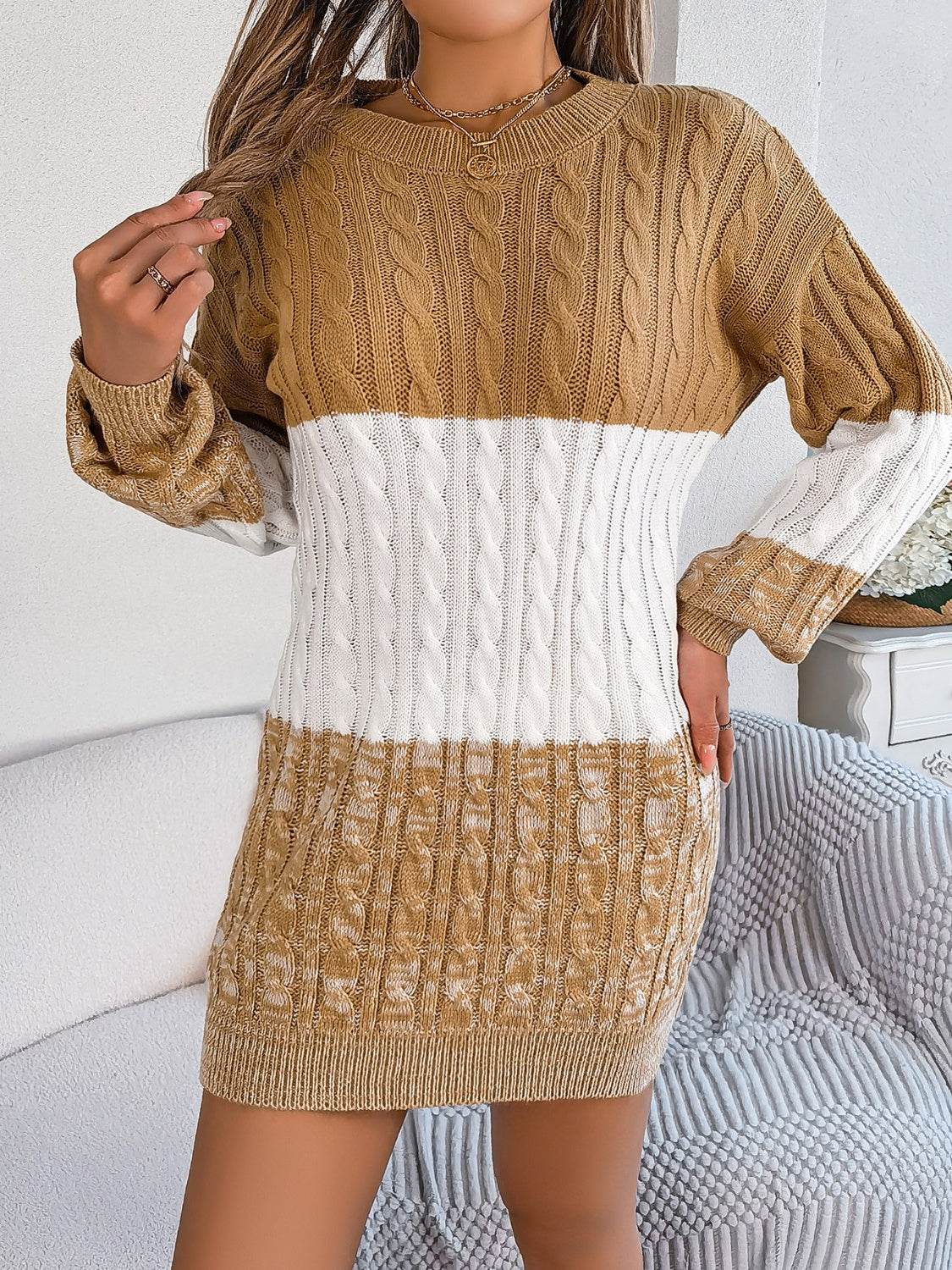 Cable-Knit Round Neck Color Block Sweater Dress - Delanoir