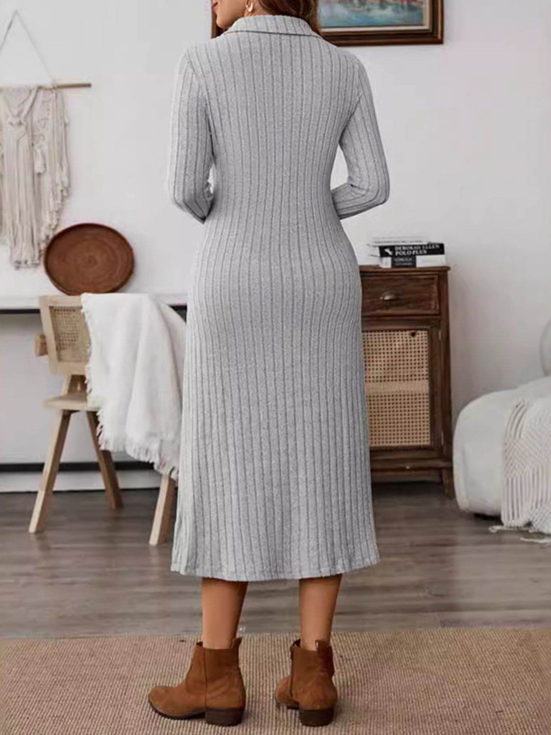 Collared Neck Long Sleeve Midi Dress - Delanoir
