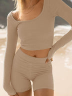 Scoop Neck Long Sleeve Top and Shorts Set - Delanoir