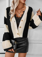 Waffle-Knit V-Neck Striped Long Sleeve Cardigan - Delanoir