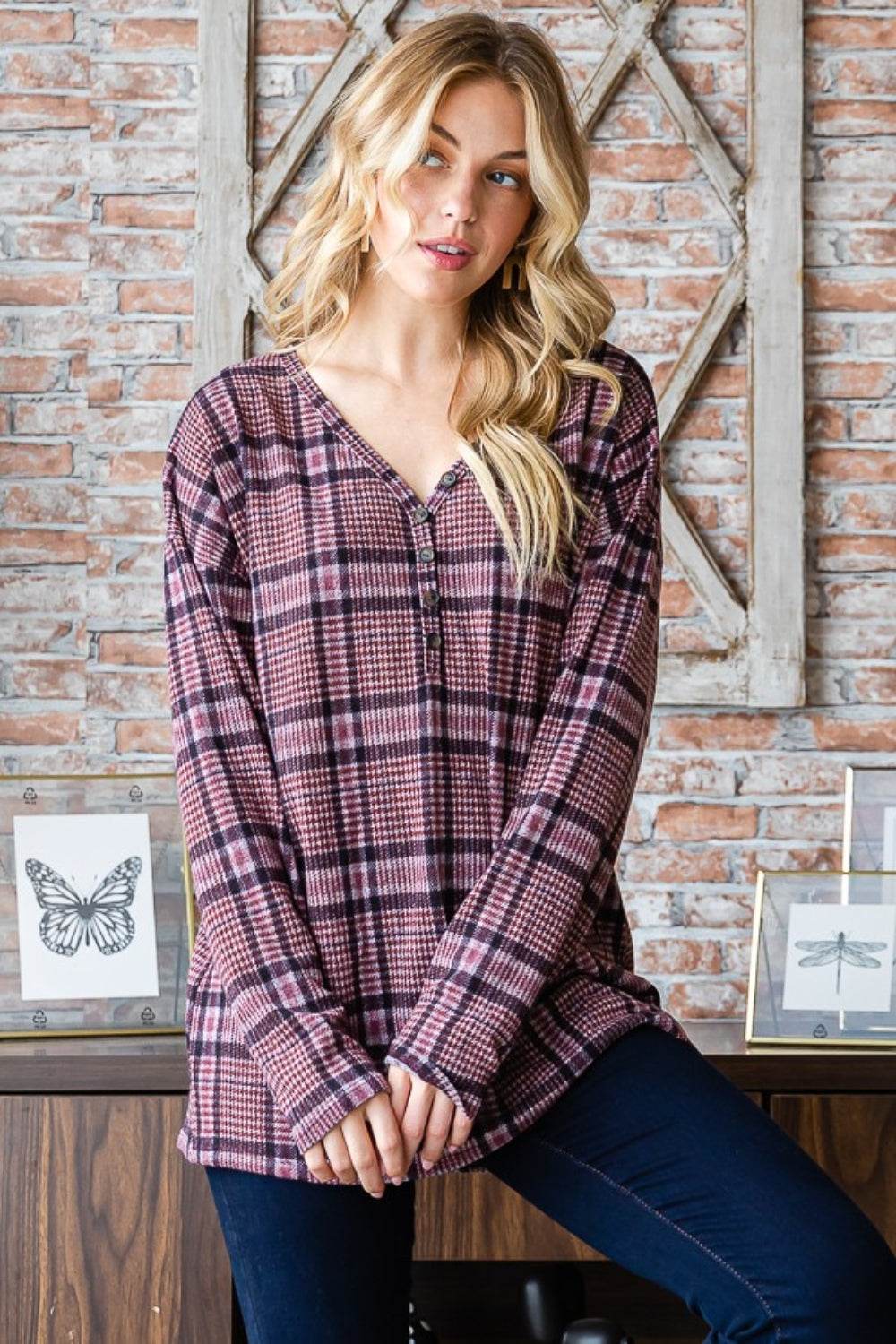 Heimish Full Size Plaid V-Neck Long Sleeve Top - Delanoir