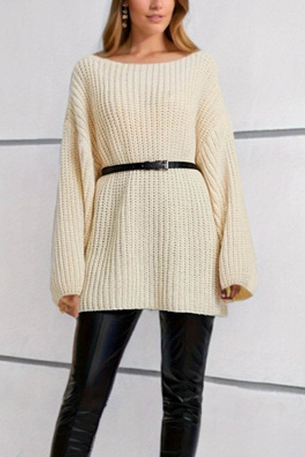 Boat Neck Dropped Shoulder Mini Sweater Dress - Delanoir