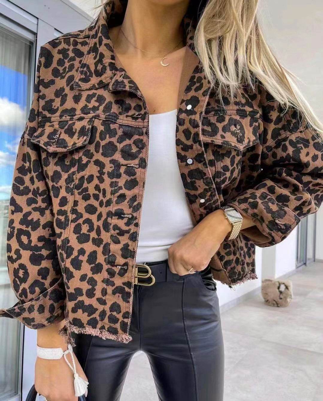 Raw Hem Leopard Collared Neck Denim Jacket - Delanoir