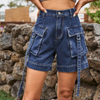 High Waist Denim Cargo Shorts - Delanoir