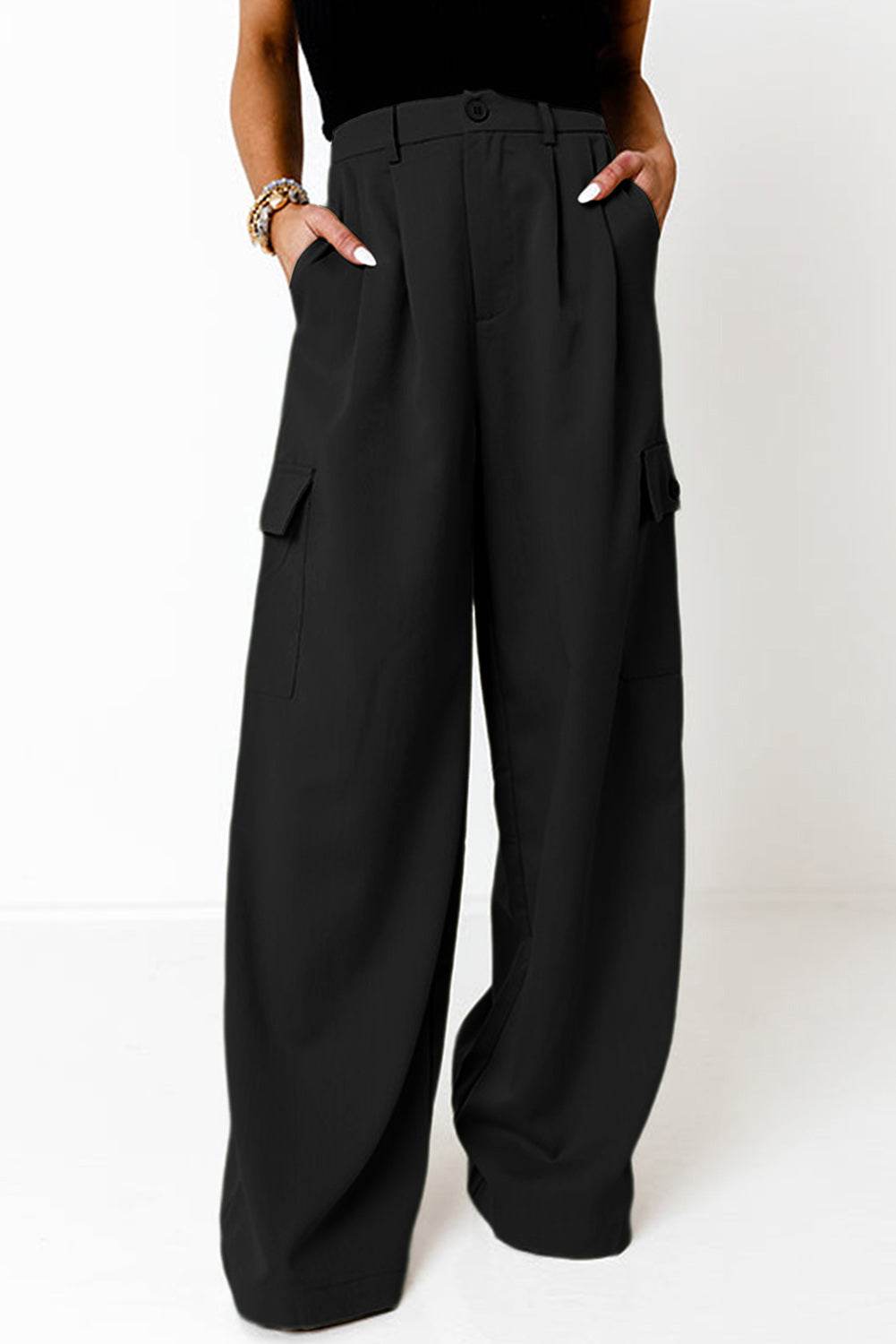 Ruched Wide Leg Pants with Pockets - Delanoir