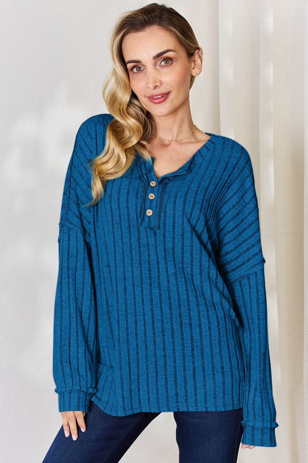 Basic Bae Full Size Ribbed Half Button Long Sleeve T-Shirt - Delanoir