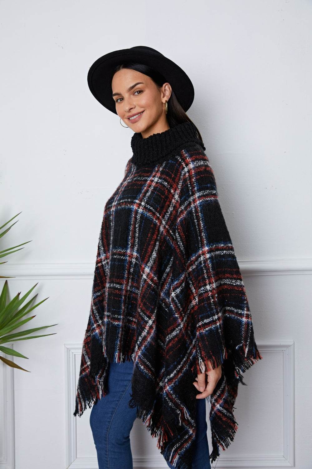 Shiny Turtleneck Plaid Raw Hem Sweater - Delanoir
