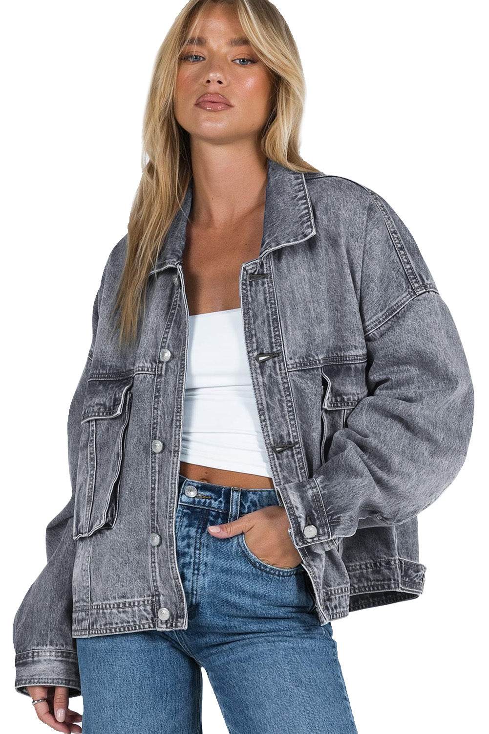 Collared Neck Button Up Denim Jacket - Delanoir