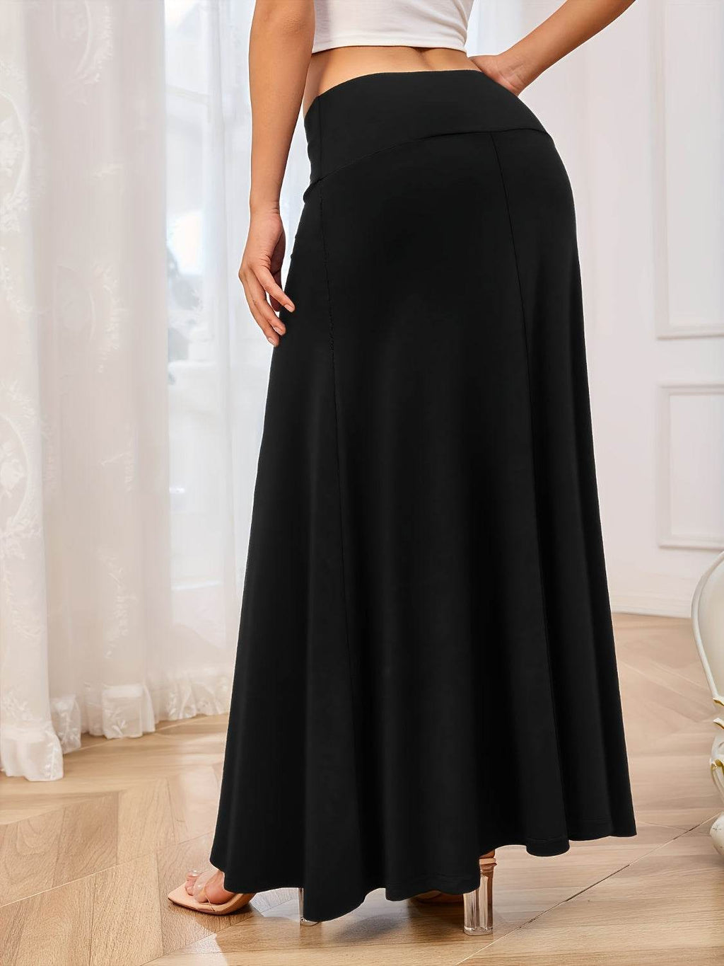 Solid Elastic Waist Maxi Skirt - Delanoir