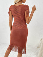 Fringe Openwork Boat Neck Knit Dress - Delanoir