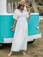 Lace Detail Eyelet V-Neck Half Sleeve Dress - Delanoir