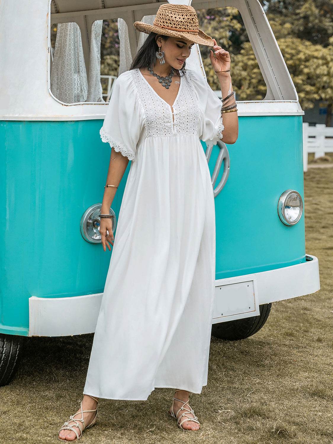 Lace Detail Eyelet V-Neck Half Sleeve Dress - Delanoir
