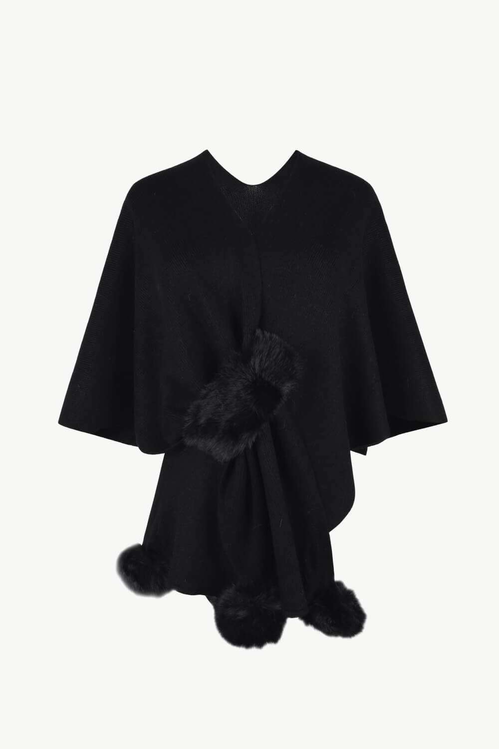 Surplice Neck Pom-Pom Trim Poncho - Delanoir