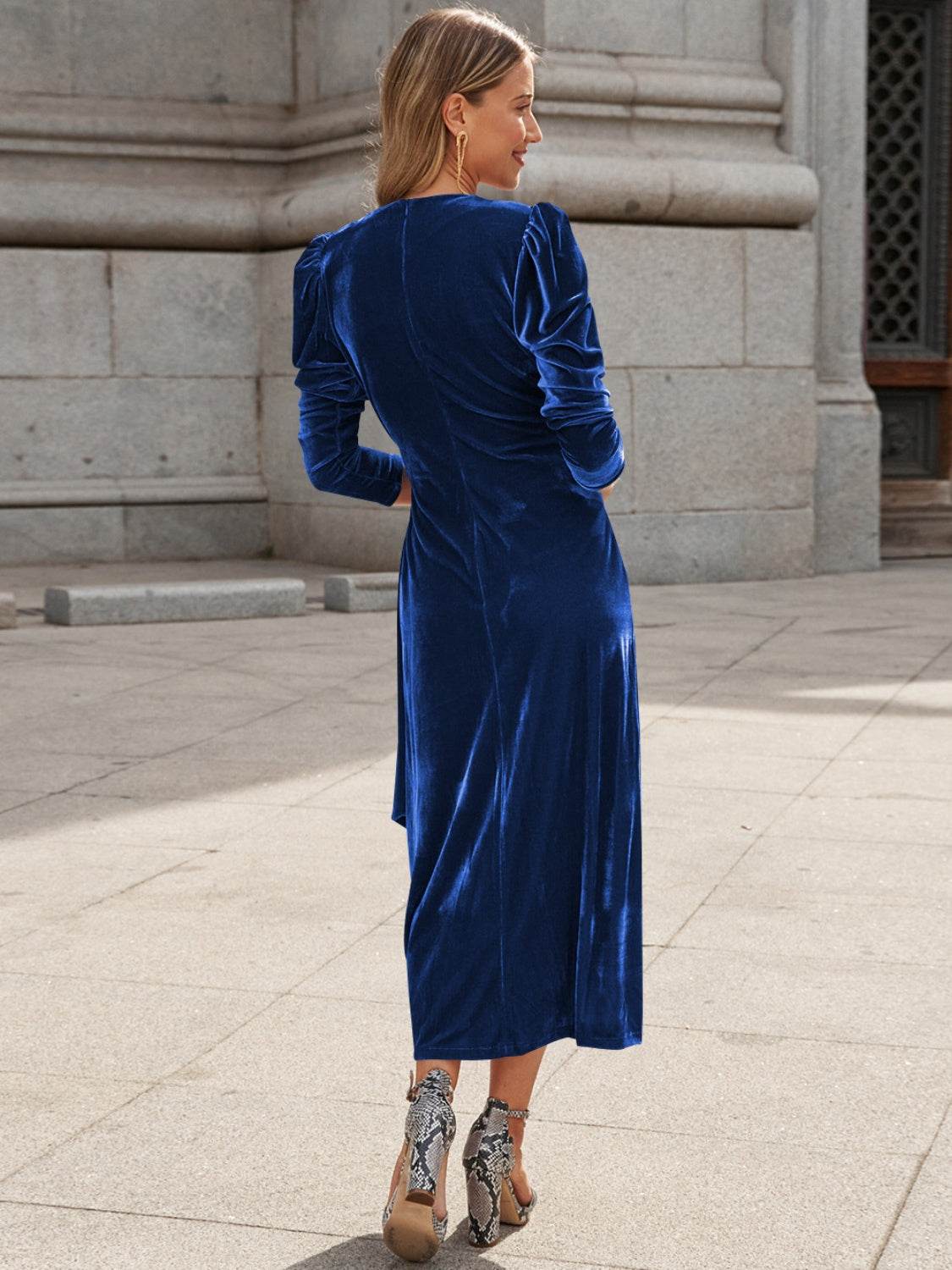 Surplice Puff Sleeve Midi Dress - Delanoir