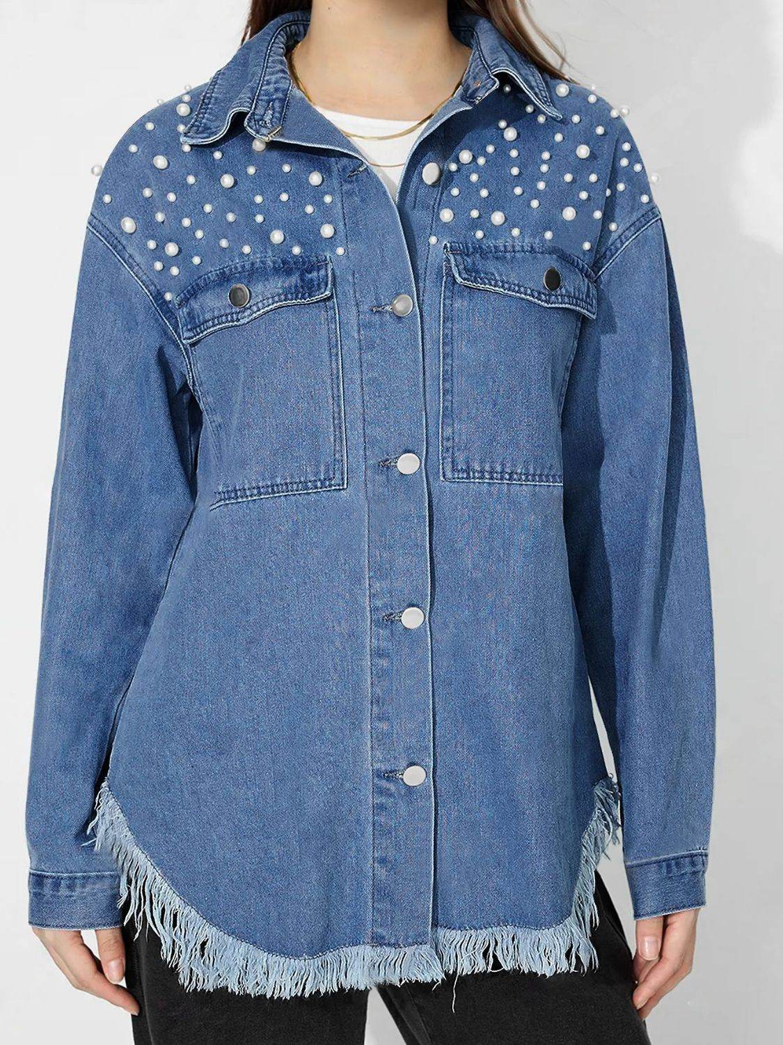 Raw Hem Pearl Trim Collared Neck Denim Top - Delanoir