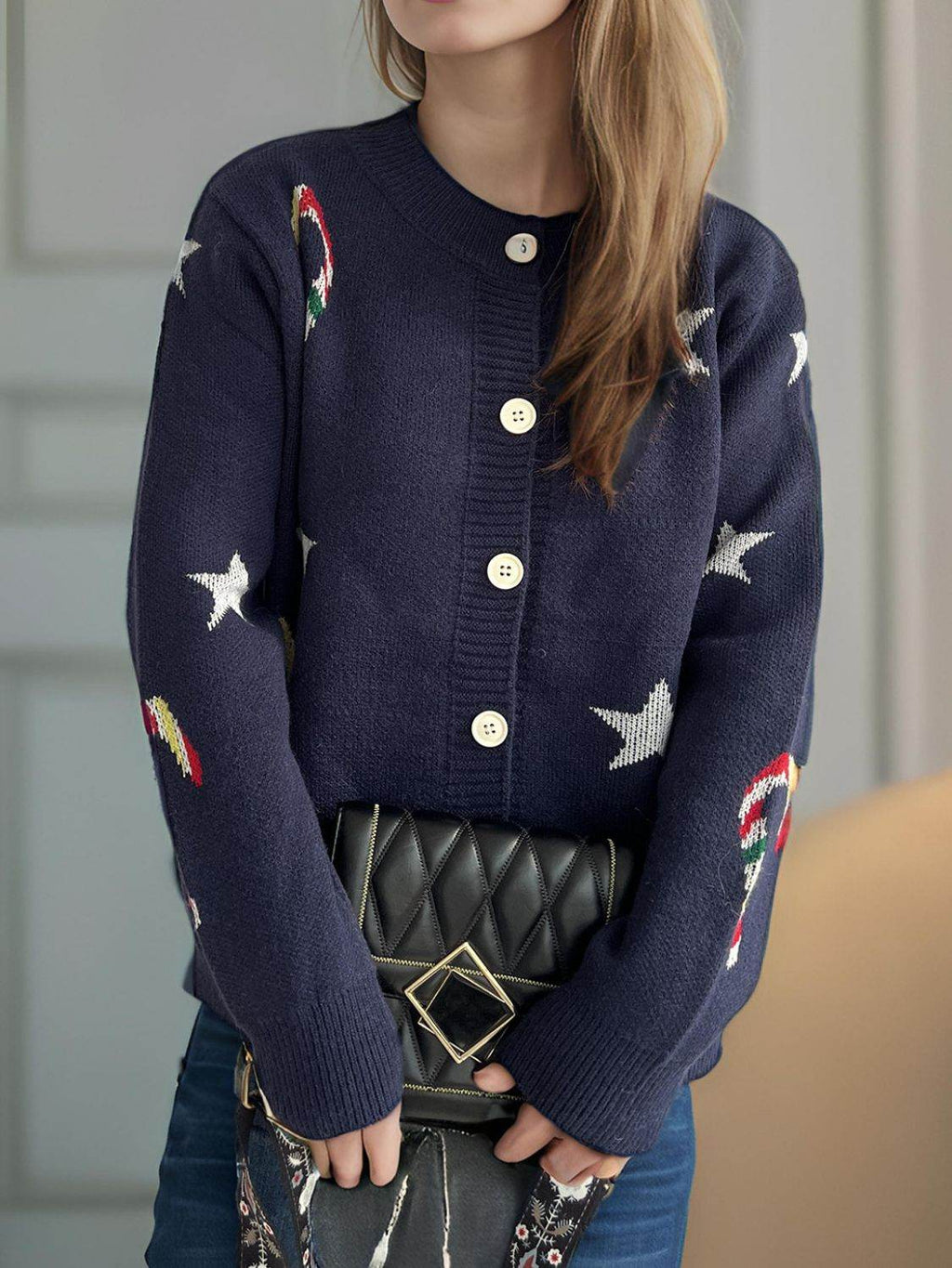 Candy Cane & Star Button Down Long Sleeve Cardigan - Delanoir