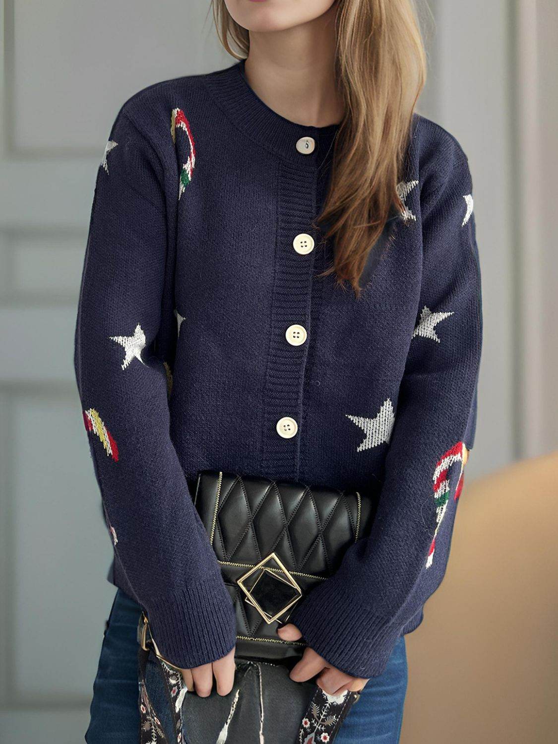 Candy Cane & Star Button Down Long Sleeve Cardigan - Delanoir