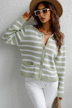 Striped Button Down Long Sleeve Cardigan - Delanoir