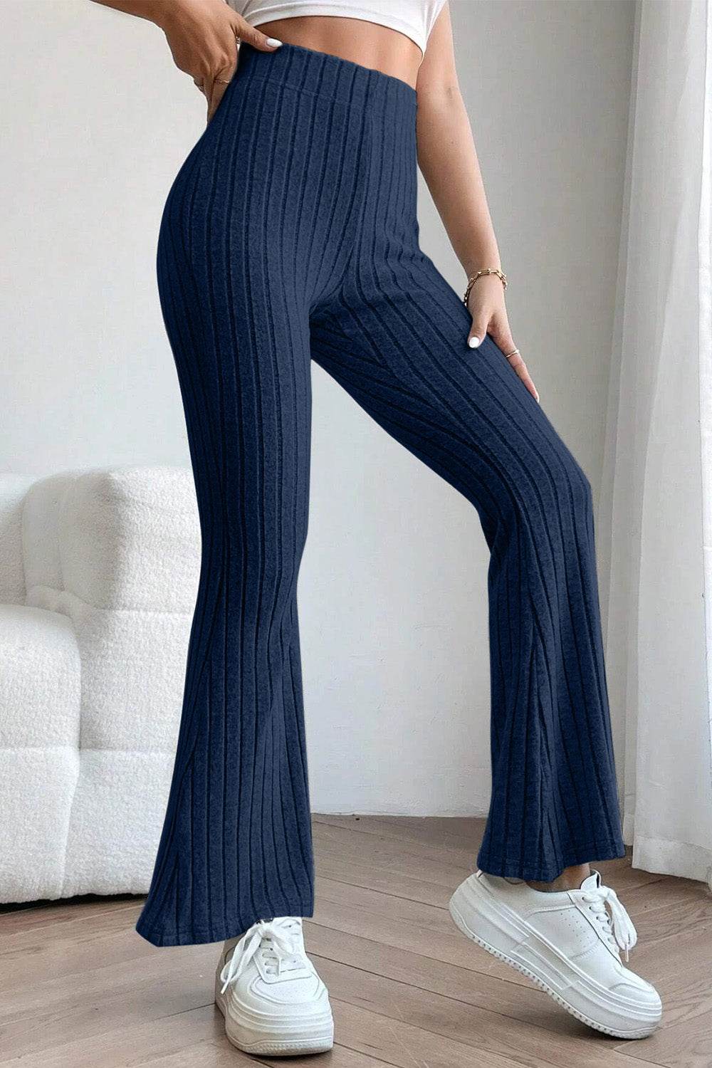 Basic Bae Full Size Ribbed High Waist Flare Pants - Delanoir