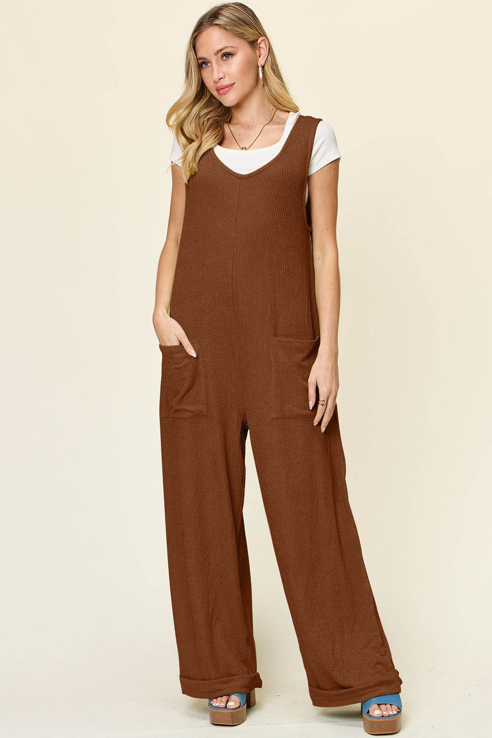 Double Take Full Size Texture Sleeveless Wide Leg Jumpsuit - Delanoir