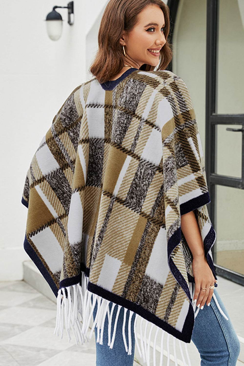 Cloak Sleeve Fringe Detail Poncho - Delanoir