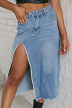 Raw Hem Slit Denim Skirt with Pockets - Delanoir