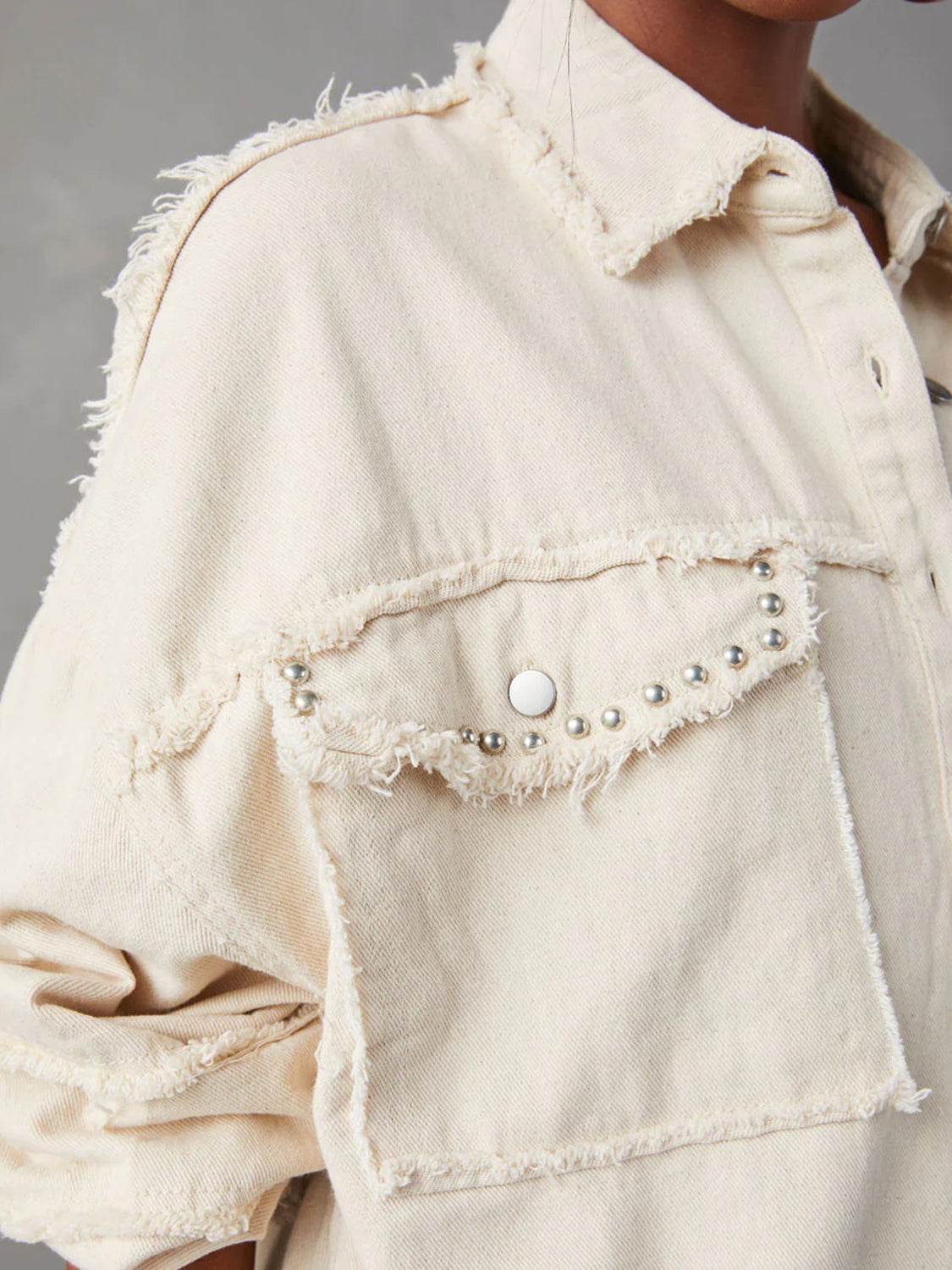 Button Down Raw Hem Denim Jacket - Delanoir
