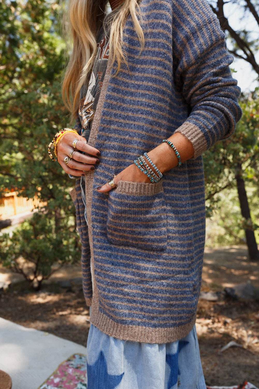 Open Front Long Sleeve Striped Cardigan - Delanoir