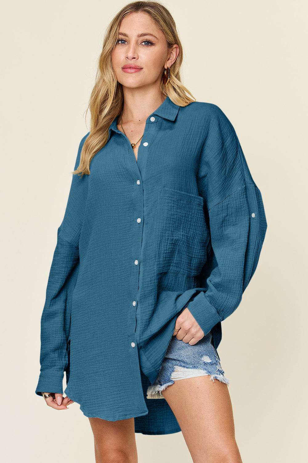 Double Take Full Size Pocketed Texture Button Up Shirt - Delanoir