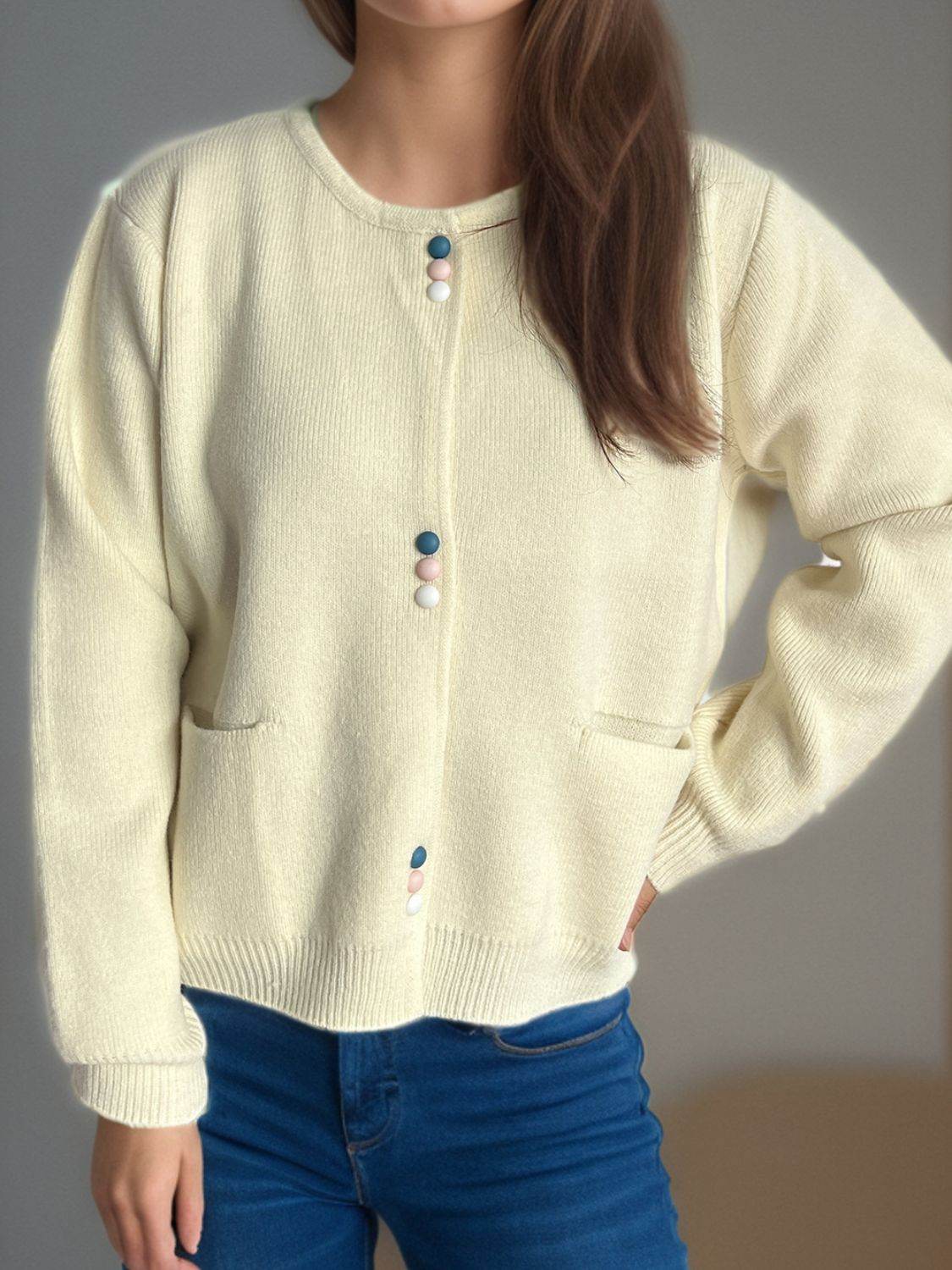 Button Down Long Sleeve Cardigan with Pockets - Delanoir