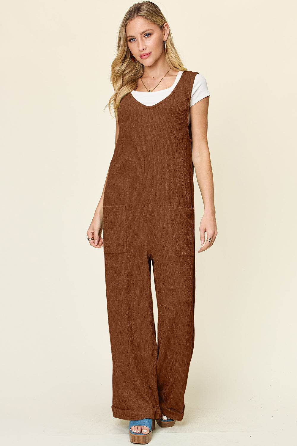 Double Take Full Size Texture Sleeveless Wide Leg Jumpsuit - Delanoir