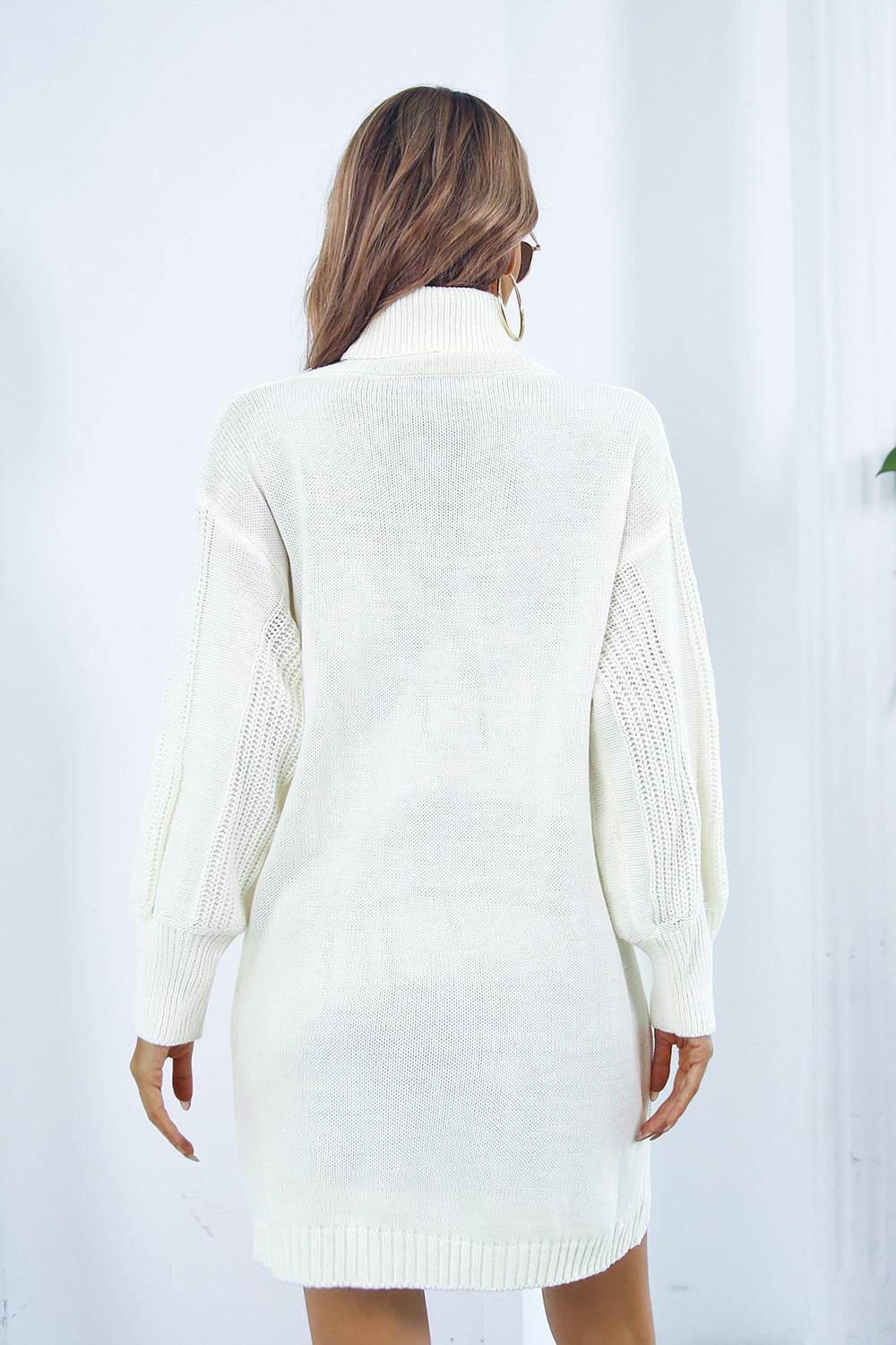 Openwork Turtleneck Long Sleeve Sweater Dress - Delanoir